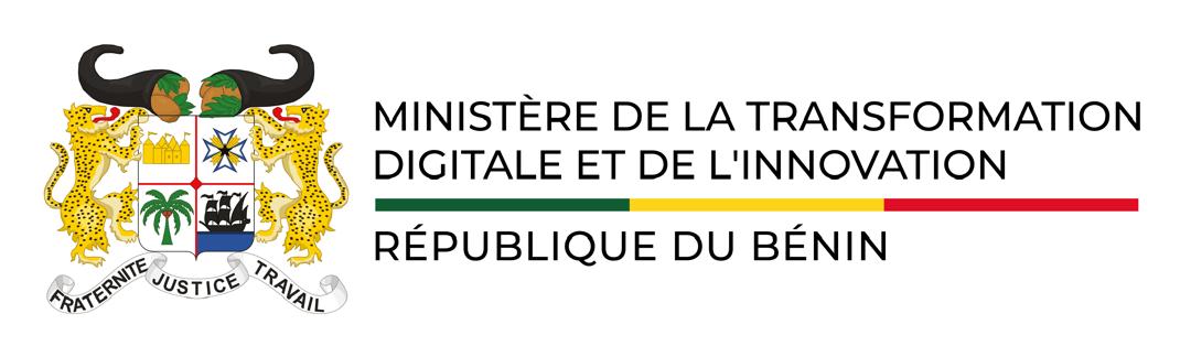 The Benin coat of arms with two leopards flanks text reading "Ministère de la Transformation Digitale et de l'Innovation, République du Bénin." Three coloured lines—blue, yellow, red—underline the ministry name.