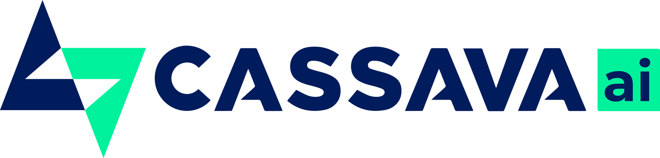 Logo for Cassava AI featuring a stylised geometric icon made of dark blue and bright green triangles. To the right, the word “CASSAVA” is written in dark blue capital letters, followed by “ai” in lowercase inside a bright green square.