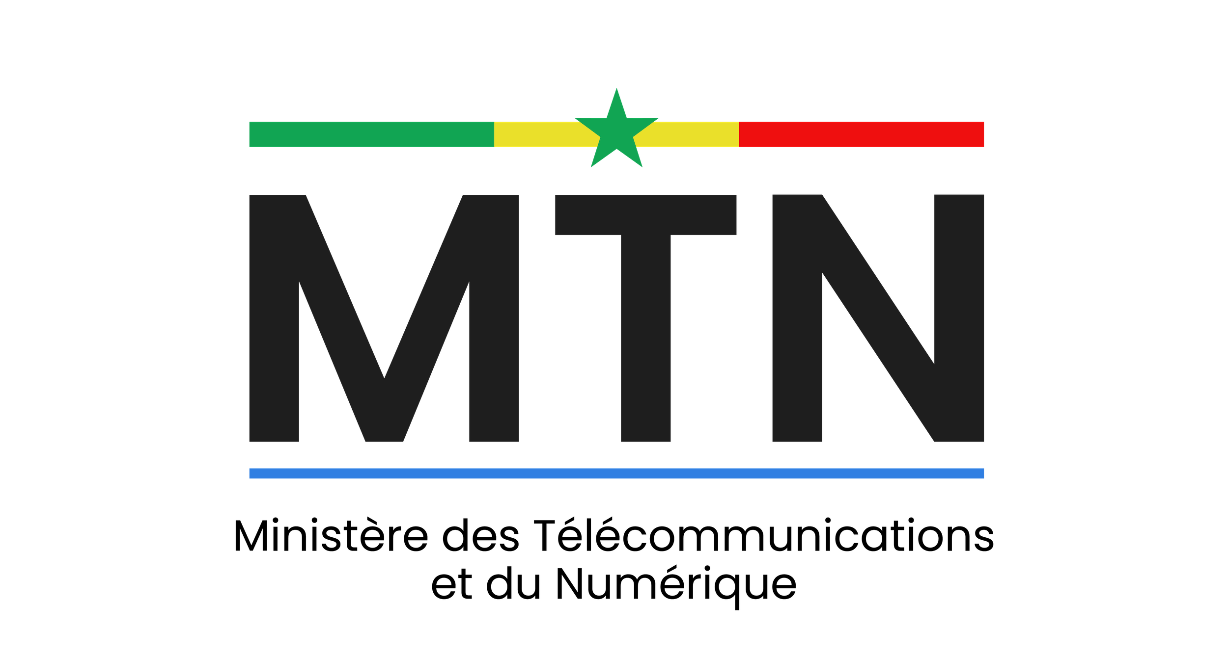 The logo for MTN features the letters “MTN” in large, black font. Above the text is a horizontal bar of green, yellow, and red with a green star in the centre, and below is the text “Ministère des Télécommunications et du Numérique.”